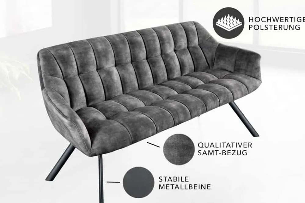 Riess-Ambiente Industrial Loft|Skandinavisch > Esszimmer Sitzbank PAPILLON 165cm grau Samt mit Rückenlehne schwarzes Metallgestell