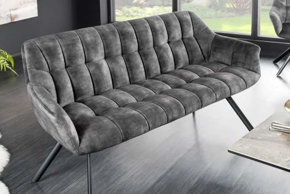 Riess-Ambiente Industrial Loft|Skandinavisch > Esszimmer Sitzbank PAPILLON 165cm grau Samt mit Rückenlehne schwarzes Metallgestell