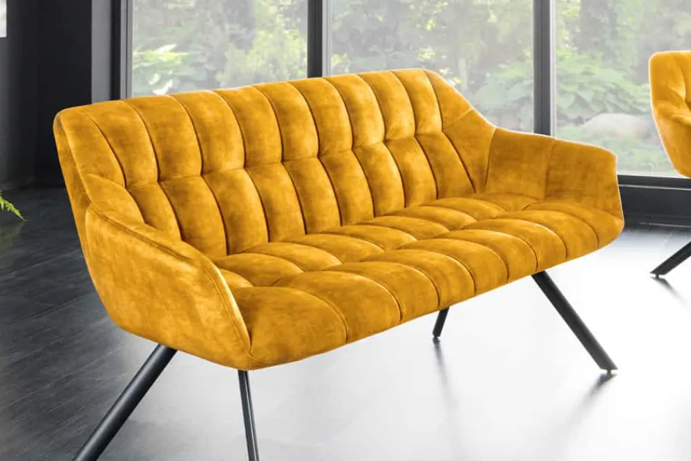 Riess-Ambiente Sitzbänke|Samt Möbel > Esszimmer Sitzbank PAPILLON 165cm senfgelb Samt mit Lehnen schwarzes Metallgestell