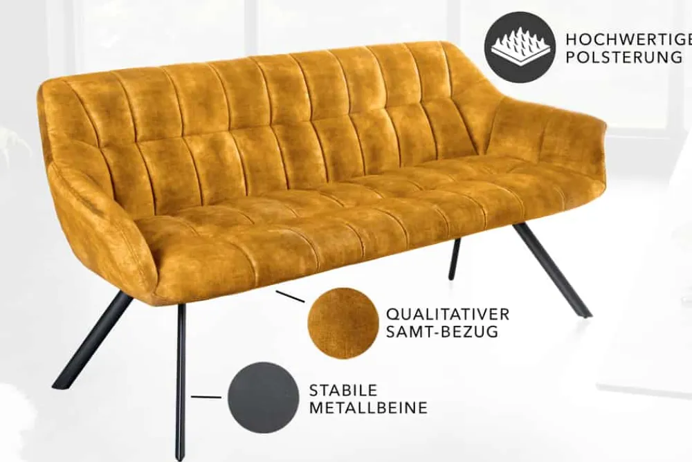 Riess-Ambiente Sitzbänke|Samt Möbel > Esszimmer Sitzbank PAPILLON 165cm senfgelb Samt mit Lehnen schwarzes Metallgestell