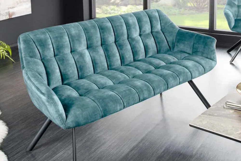 Riess-Ambiente Sitzbänke|Samt Möbel > Esszimmer Sitzbank PAPILLON 165cm petrol Samt mit Lehnen schwarzes Metallgestell