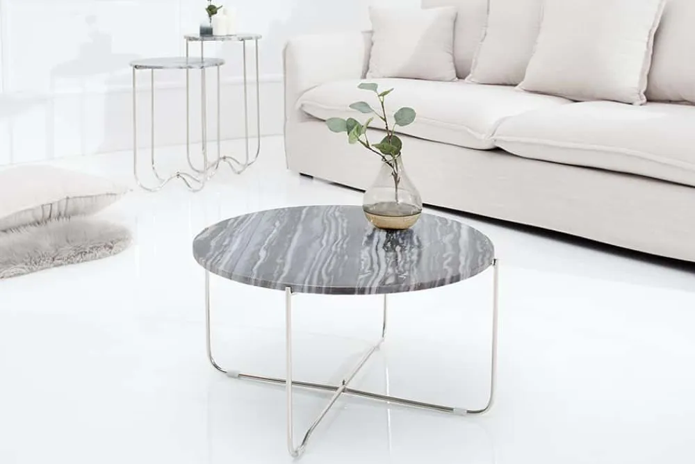 Riess-Ambiente Couchtische & Truhen > Exklusiver Couchtisch NOBLE 65cm grau echter Marmor rund silber Metall