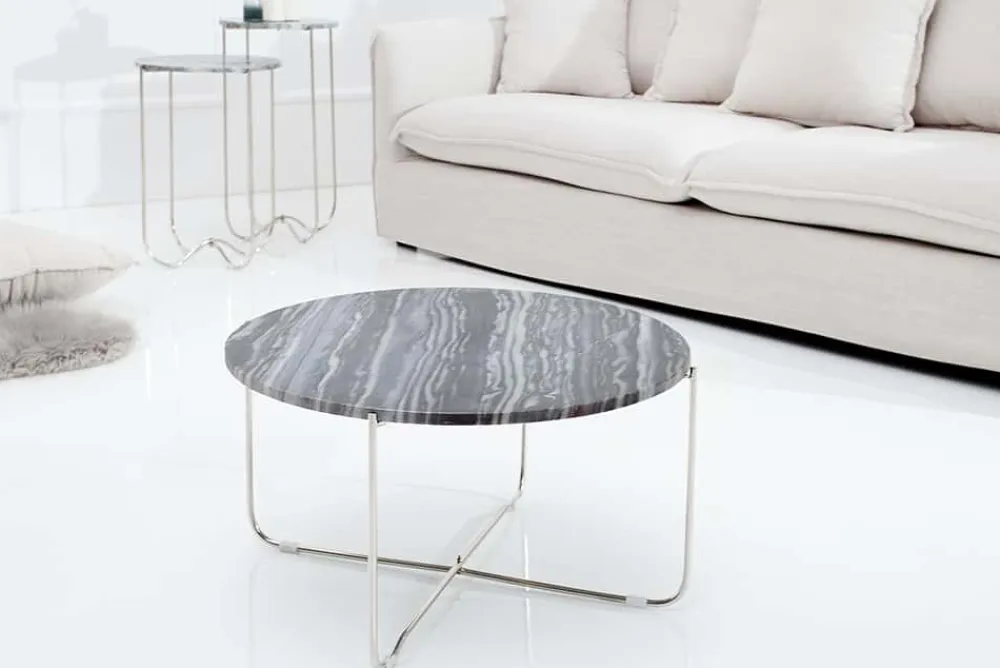 Riess-Ambiente Couchtische & Truhen > Exklusiver Couchtisch NOBLE 65cm grau echter Marmor rund silber Metall