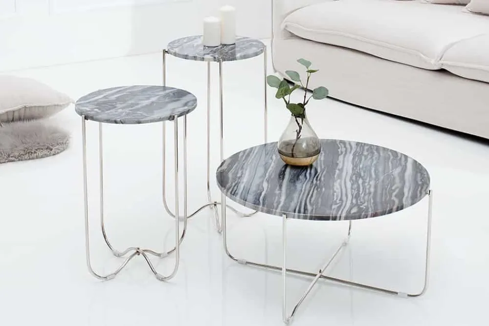 Riess-Ambiente Couchtische & Truhen > Exklusiver Couchtisch NOBLE 65cm grau echter Marmor rund silber Metall