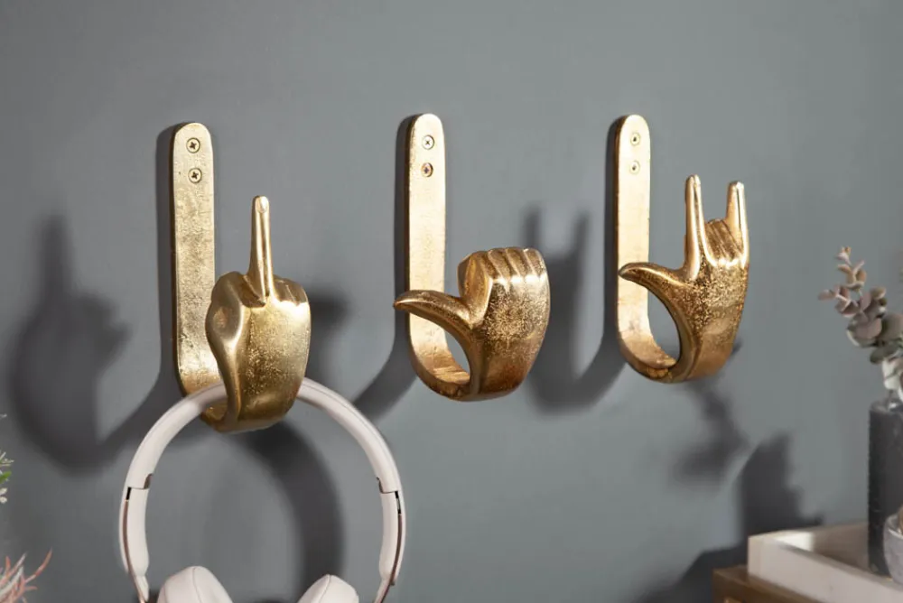 Riess-Ambiente Goldene Möbel|Wanddekoration > Extravagante Kleiderhaken FINGERS gold Metall-Aluminium 3er Set Wandgarderobe