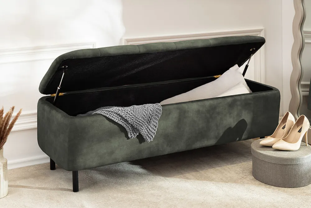 Riess-Ambiente Sitzbänke|Samt Möbel > Extravagante Polsterbank EN VOGUE 120cm grün Samt mit Stauraum schwarze Metallbeine