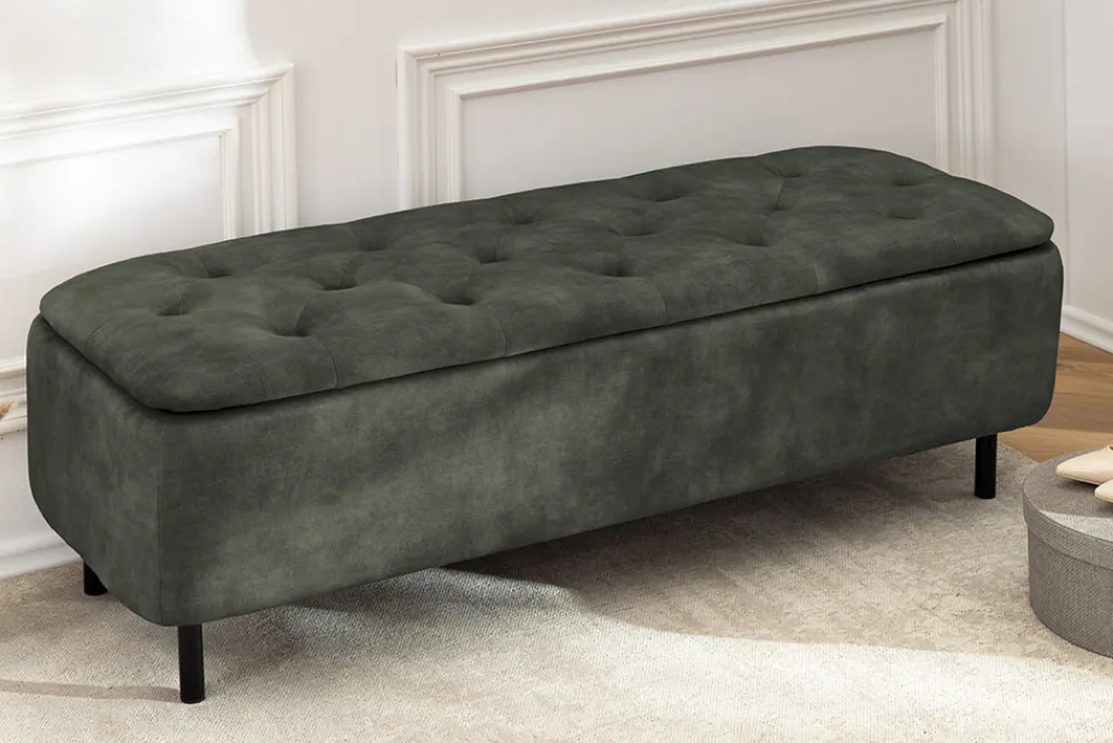 Riess-Ambiente Sitzbänke|Samt Möbel > Extravagante Polsterbank EN VOGUE 120cm grün Samt mit Stauraum schwarze Metallbeine