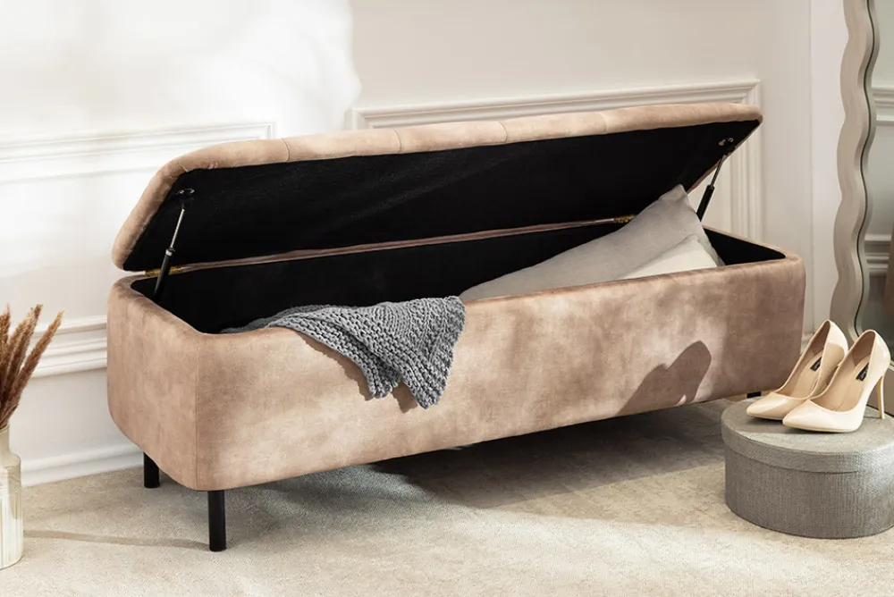 Riess-Ambiente Sitzbänke|Samt Möbel > Extravagante Polsterbank EN VOGUE 120cm beige Samt mit Stauraum schwarze Metallbeine