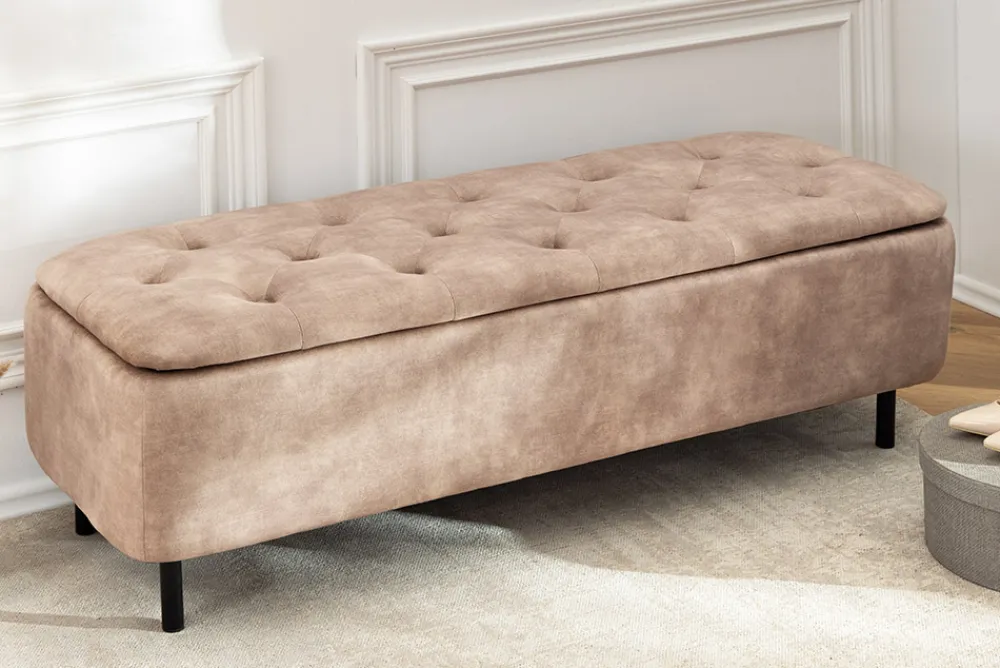 Riess-Ambiente Sitzbänke|Samt Möbel > Extravagante Polsterbank EN VOGUE 120cm beige Samt mit Stauraum schwarze Metallbeine