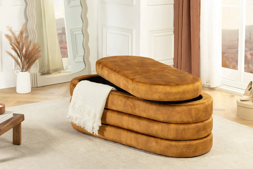 Riess-Ambiente Skandinavisch|Sitzbänke > Extravagante Polsterbank VOGUE 115cm senfgelb Samt Sitzbank mit Stauraum