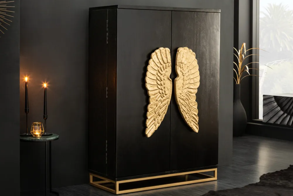 Riess-Ambiente Mehr...|Massivholzschränke > Extravaganter Barschrank ANGEL 140cm schwarz Mangoholz mit goldenen Flügeln
