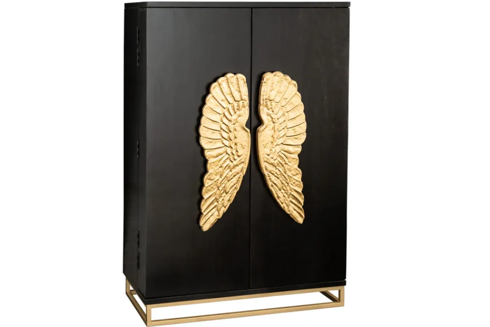 Riess-Ambiente Mehr...|Massivholzschränke > Extravaganter Barschrank ANGEL 140cm schwarz Mangoholz mit goldenen Flügeln