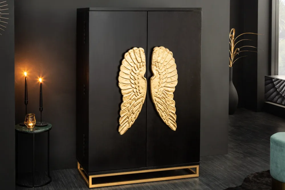 Riess-Ambiente Mehr...|Massivholzschränke > Extravaganter Barschrank ANGEL 140cm schwarz Mangoholz mit goldenen Flügeln