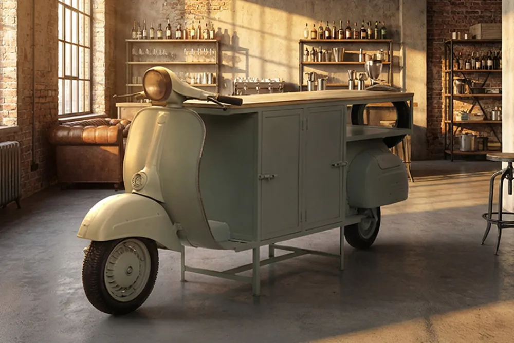 Riess-Ambiente Mehr...|Konsolentische > Extravaganter Barschrank SCOOTER 250cm salbei Retro-Konsole Motorroller mit Mangoholz Upcycling