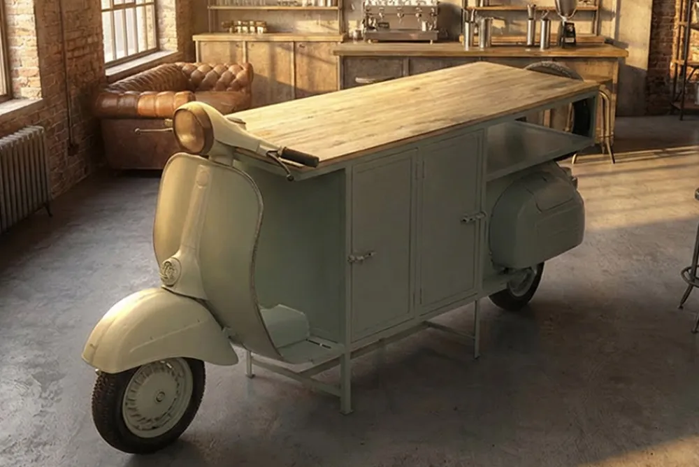 Riess-Ambiente Mehr...|Konsolentische > Extravaganter Barschrank SCOOTER 250cm salbei Retro-Konsole Motorroller mit Mangoholz Upcycling