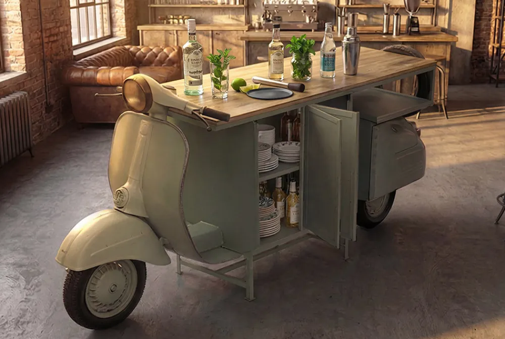 Riess-Ambiente Mehr...|Konsolentische > Extravaganter Barschrank SCOOTER 250cm salbei Retro-Konsole Motorroller mit Mangoholz Upcycling
