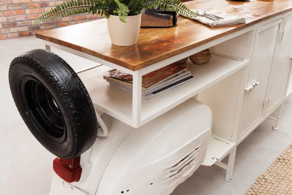 Riess-Ambiente Industrial Loft|Bartische > Extravaganter Barschrank SCOOTER 250cm weiß Retro-Konsole Motorroller mit Mangoholz Upcycling