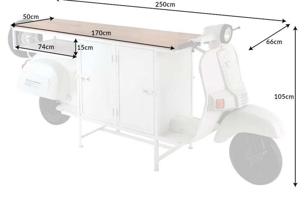 Riess-Ambiente Industrial Loft|Bartische > Extravaganter Barschrank SCOOTER 250cm weiß Retro-Konsole Motorroller mit Mangoholz Upcycling