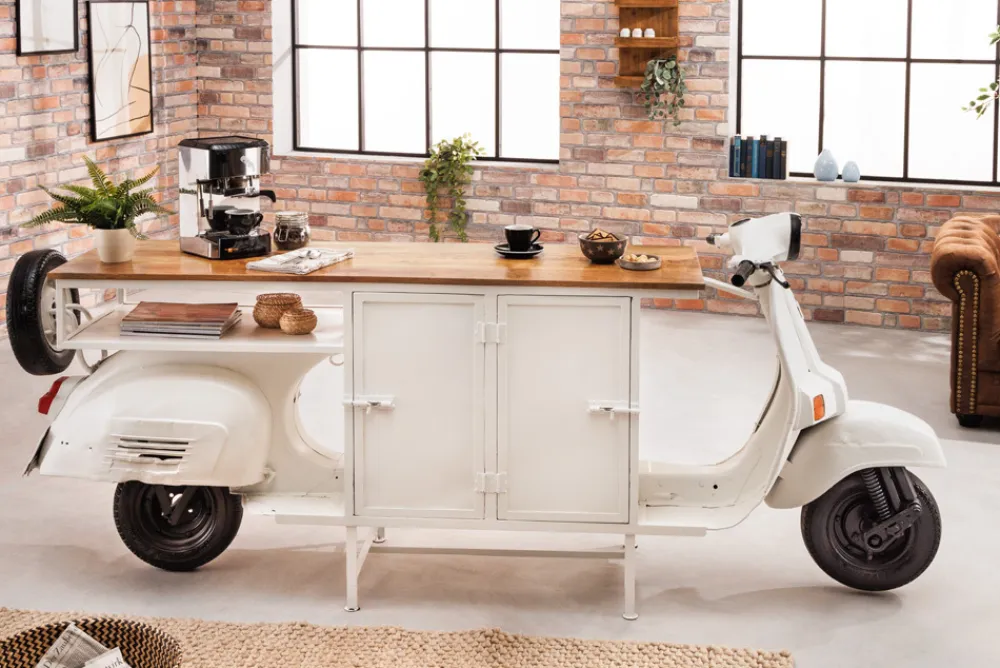 Riess-Ambiente Industrial Loft|Bartische > Extravaganter Barschrank SCOOTER 250cm weiß Retro-Konsole Motorroller mit Mangoholz Upcycling