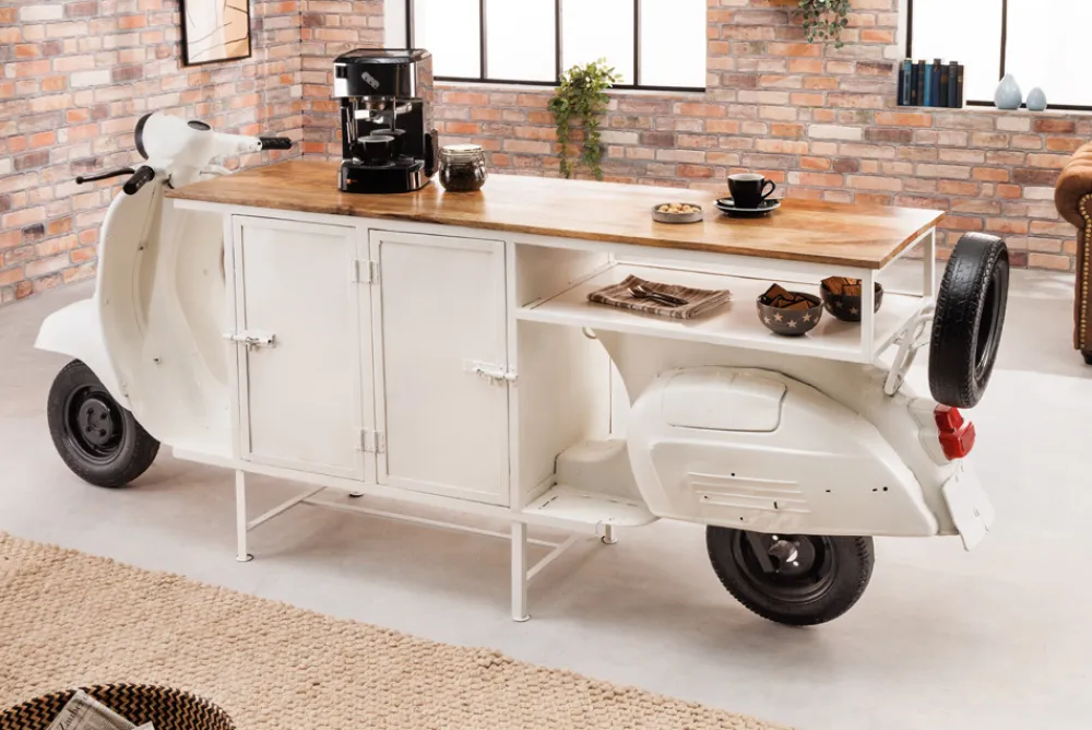 Riess-Ambiente Industrial Loft|Bartische > Extravaganter Barschrank SCOOTER 250cm weiß Retro-Konsole Motorroller mit Mangoholz Upcycling