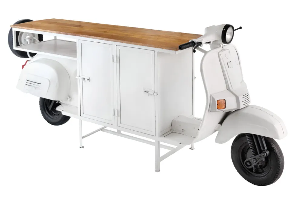 Riess-Ambiente Industrial Loft|Bartische > Extravaganter Barschrank SCOOTER 250cm weiß Retro-Konsole Motorroller mit Mangoholz Upcycling