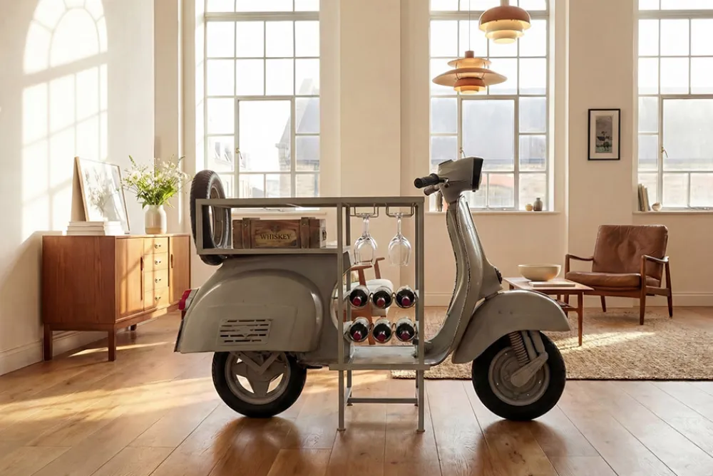 Riess-Ambiente Konsolentische|Barschränke > Extravaganter Bartisch SCOOTER 180cm salbei Retro-Konsole Motorroller Mangoholz Upcycling