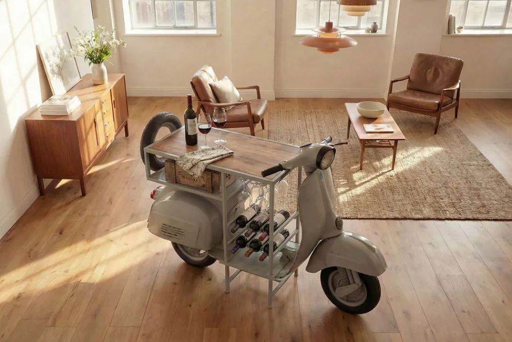 Riess-Ambiente Konsolentische|Barschränke > Extravaganter Bartisch SCOOTER 180cm salbei Retro-Konsole Motorroller Mangoholz Upcycling