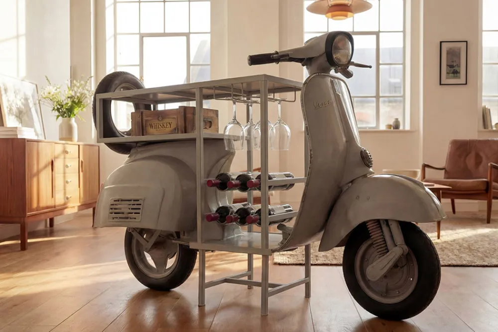Riess-Ambiente Konsolentische|Barschränke > Extravaganter Bartisch SCOOTER 180cm salbei Retro-Konsole Motorroller Mangoholz Upcycling