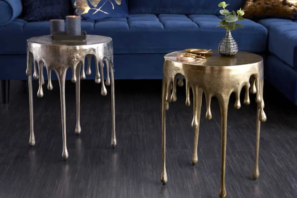 Riess-Ambiente Beistelltische|Goldene Möbel > Extravaganter Beistelltisch LIQUID LINE 50cm gold Tropfen-Design Metall Aluminium rund