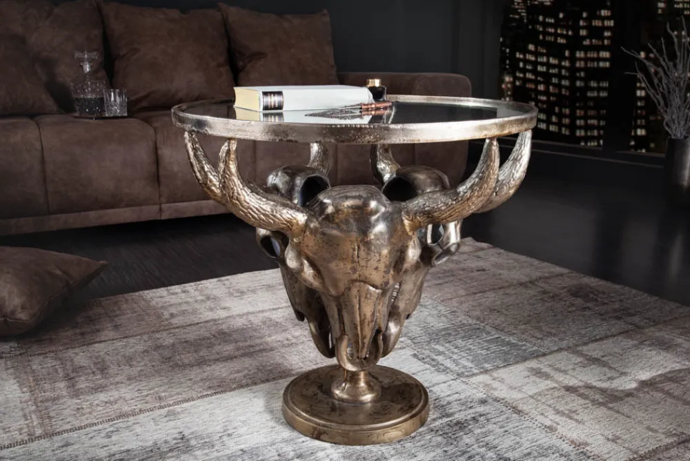 Riess-Ambiente Couchtische & Truhen > Extravaganter Couchtisch MATADOR 56cm bronze Stierkopf mit Glasplatte