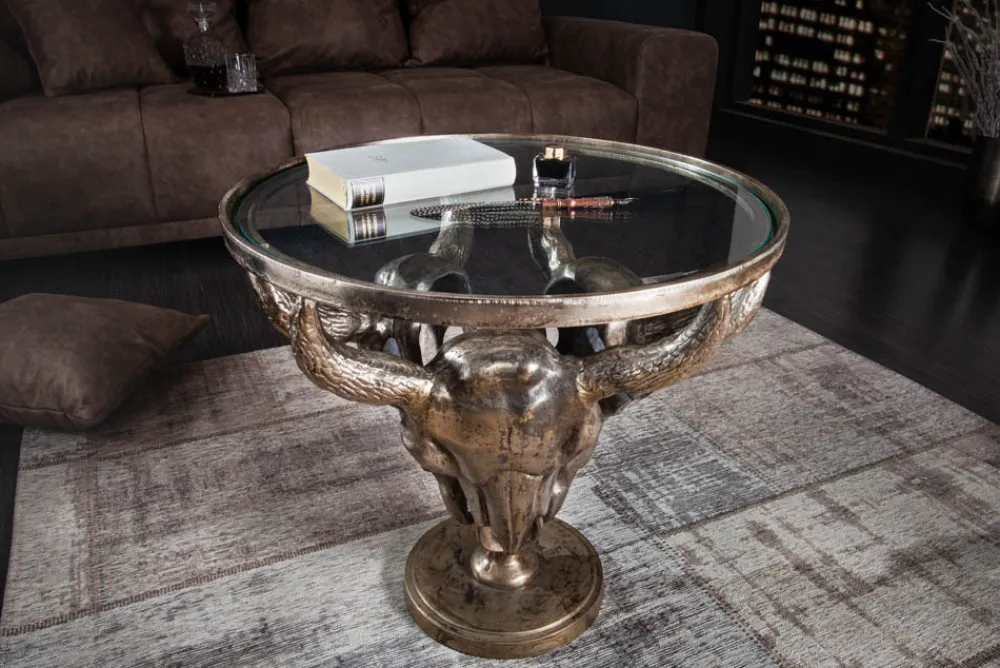 Riess-Ambiente Couchtische & Truhen > Extravaganter Couchtisch MATADOR 56cm bronze Stierkopf mit Glasplatte