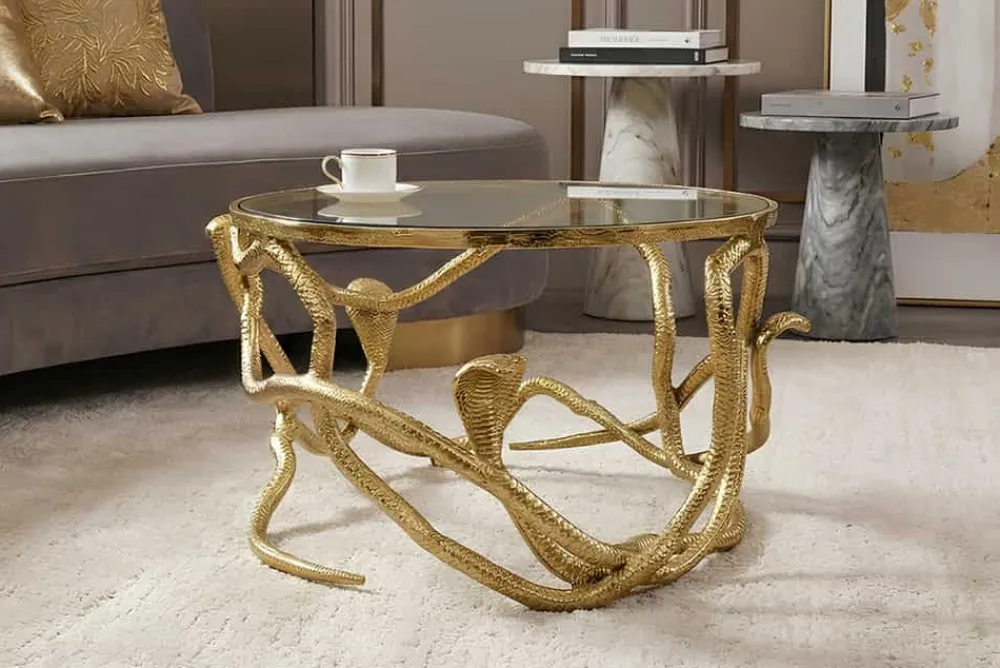 Riess-Ambiente Goldene Möbel|Couchtische & Truhen > Extravaganter Couchtisch SNAKE 70cm gold rund Metall Schlangen-Skulptur Glasplatte