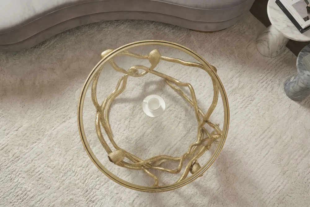 Riess-Ambiente Goldene Möbel|Couchtische & Truhen > Extravaganter Couchtisch SNAKE 70cm gold rund Metall Schlangen-Skulptur Glasplatte