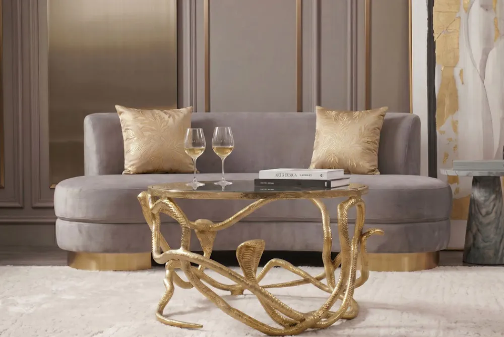 Riess-Ambiente Goldene Möbel|Couchtische & Truhen > Extravaganter Couchtisch SNAKE 70cm gold rund Metall Schlangen-Skulptur Glasplatte