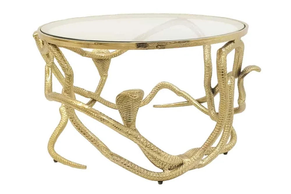 Riess-Ambiente Goldene Möbel|Couchtische & Truhen > Extravaganter Couchtisch SNAKE 70cm gold rund Metall Schlangen-Skulptur Glasplatte