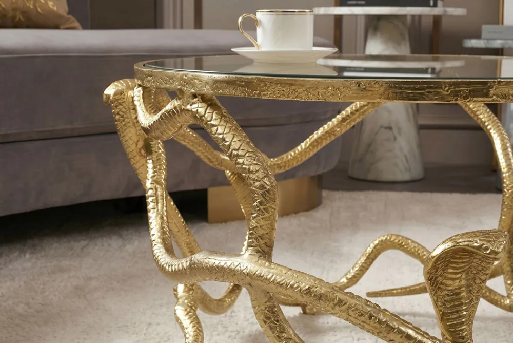 Riess-Ambiente Goldene Möbel|Couchtische & Truhen > Extravaganter Couchtisch SNAKE 70cm gold rund Metall Schlangen-Skulptur Glasplatte