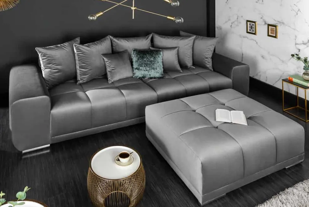 Riess-Ambiente Polsterhocker|Sitzhocker > Extravaganter Hocker ELEGANCIA 110cm silbergrau Samt mit Ziersteppung