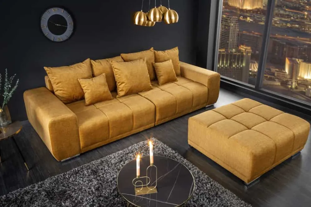 Riess-Ambiente Polsterhocker|Sitzhocker > Extravaganter Hocker ELEGANCIA 110cm senfgelb Vogue Velours Samt mit Ziersteppung
