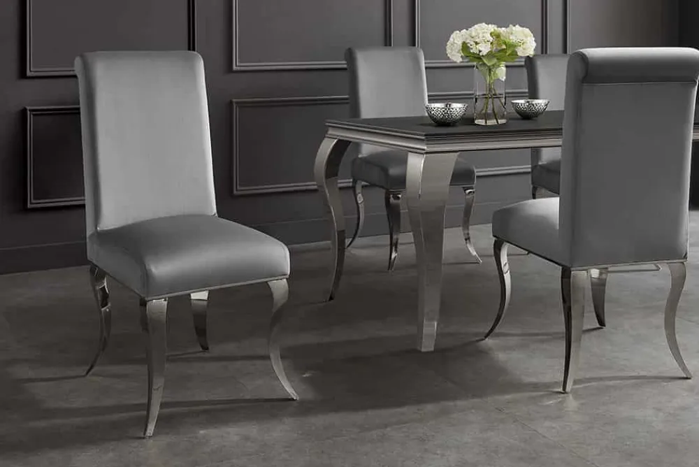 Riess-Ambiente Stühle > Extravaganter Stuhl MODERN BAROCK DELUXE grau Samt mit silbernen Edelstahlbeinen