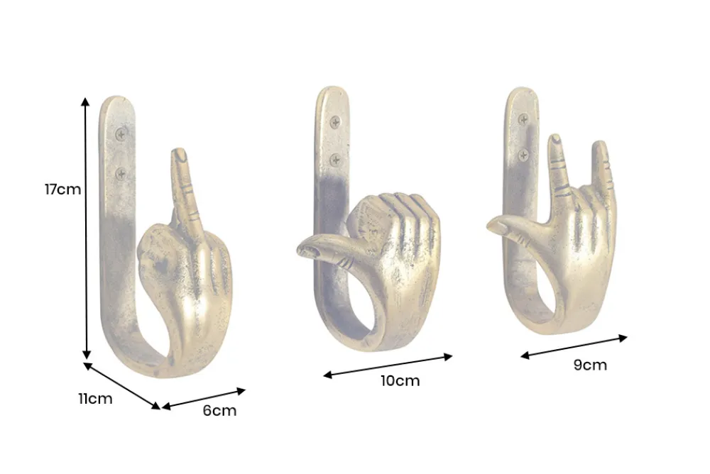 Riess-Ambiente Dekoration|Goldene Möbel > Extravagantes 3er Set Kleiderhaken FINGERS messing Metall-Aluminium Wandgarderobe