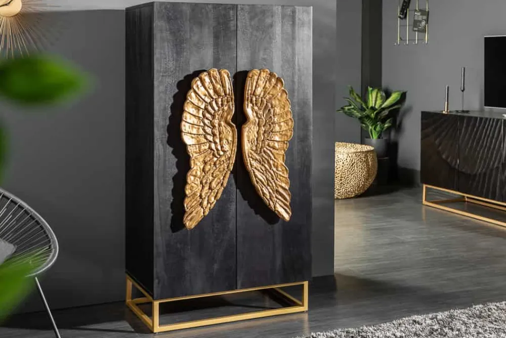 Riess-Ambiente Mehr...|Goldene Möbel > Extravagantes Highboard ANGEL 140cm schwarz Mangoholz mit goldenen Flügeln
