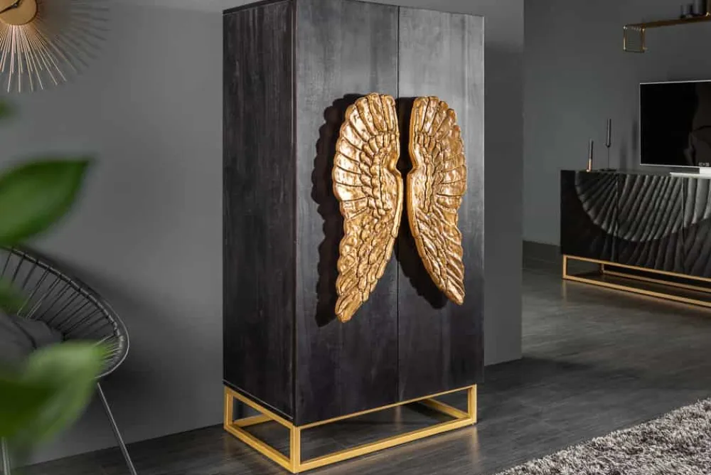 Riess-Ambiente Mehr...|Goldene Möbel > Extravagantes Highboard ANGEL 140cm schwarz Mangoholz mit goldenen Flügeln