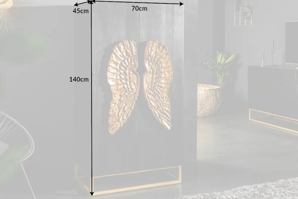 Riess-Ambiente Mehr...|Goldene Möbel > Extravagantes Highboard ANGEL 140cm schwarz Mangoholz mit goldenen Flügeln