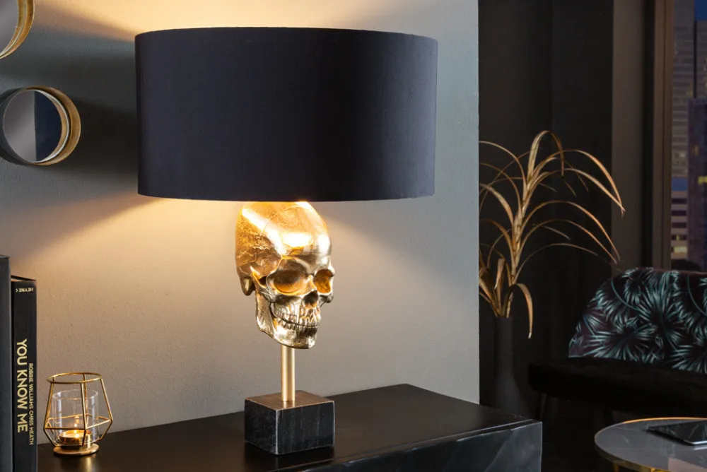 Riess-Ambiente Goldene Möbel|Tischlampen > Extravagante Tischlampe SKULL 56cm schwarz gold Metall Totenkopf Skulptur Leuchte