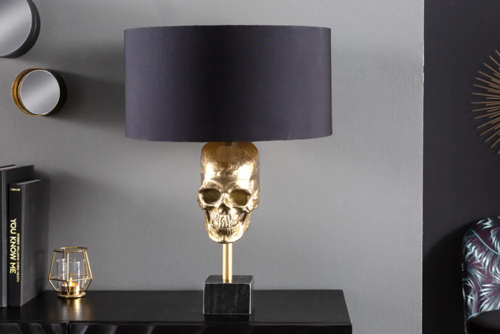Riess-Ambiente Goldene Möbel|Tischlampen > Extravagante Tischlampe SKULL 56cm schwarz gold Metall Totenkopf Skulptur Leuchte