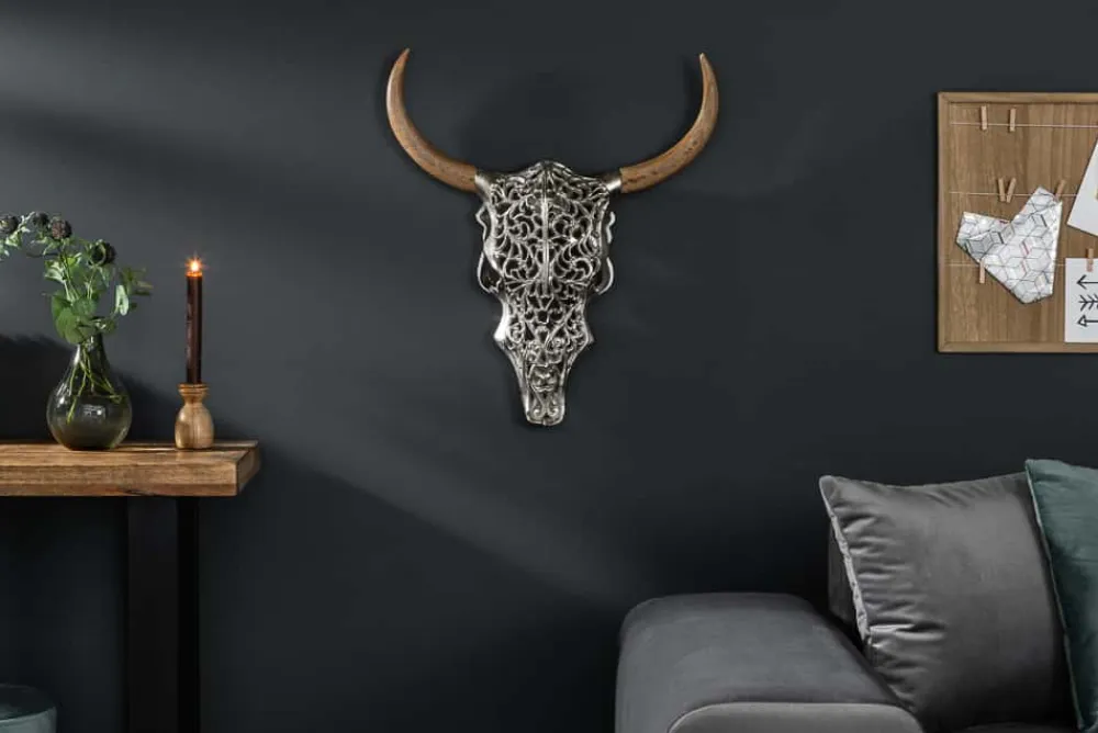 Riess-Ambiente Wanddekoration > Extravagante Wanddekoration EXOTIC BULL 60cm silber Mangoholz Stierkopf