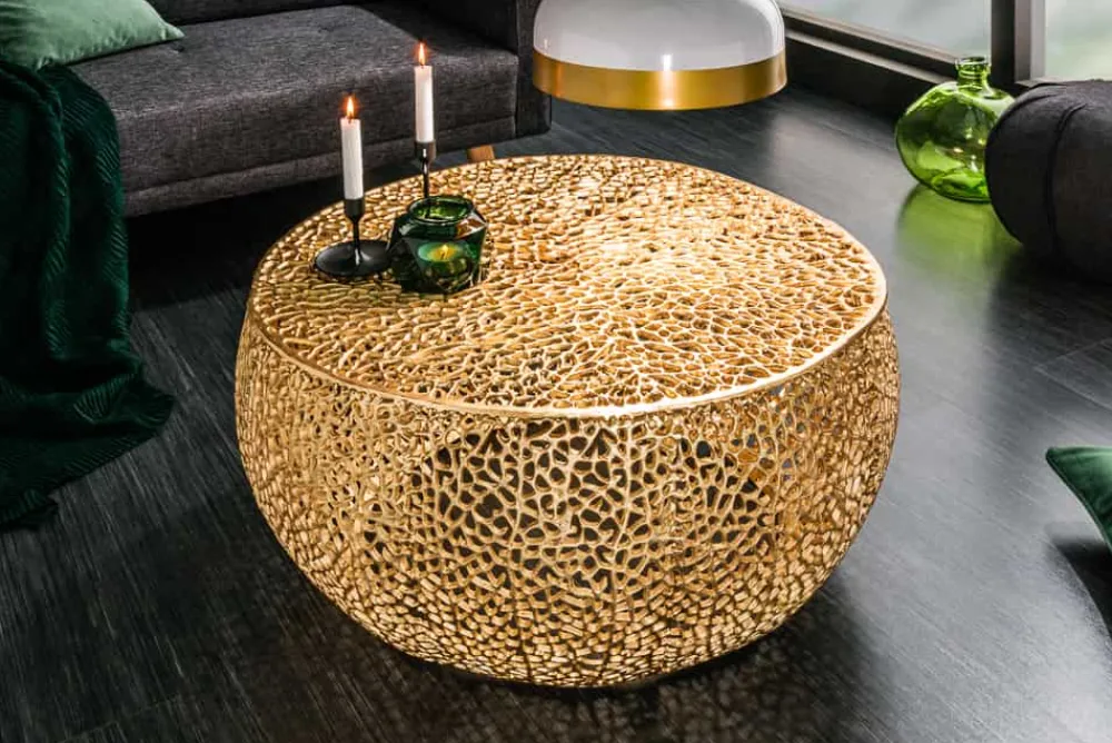 Riess-Ambiente Goldene Möbel|Couchtische & Truhen > Filigraner Couchtisch LEAF 80cm gold Metall handmade Blatt-Design