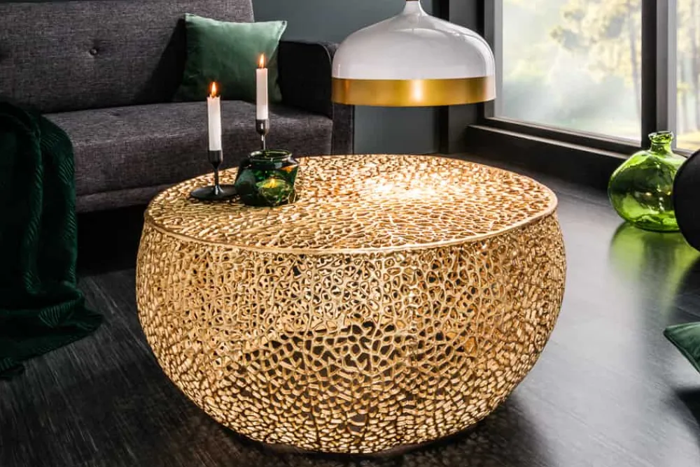 Riess-Ambiente Goldene Möbel|Couchtische & Truhen > Filigraner Couchtisch LEAF 80cm gold Metall handmade Blatt-Design