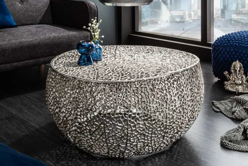 Riess-Ambiente Couchtische & Truhen > Filigraner Couchtisch LEAF 80cm silber Metall handmade Blatt-Design