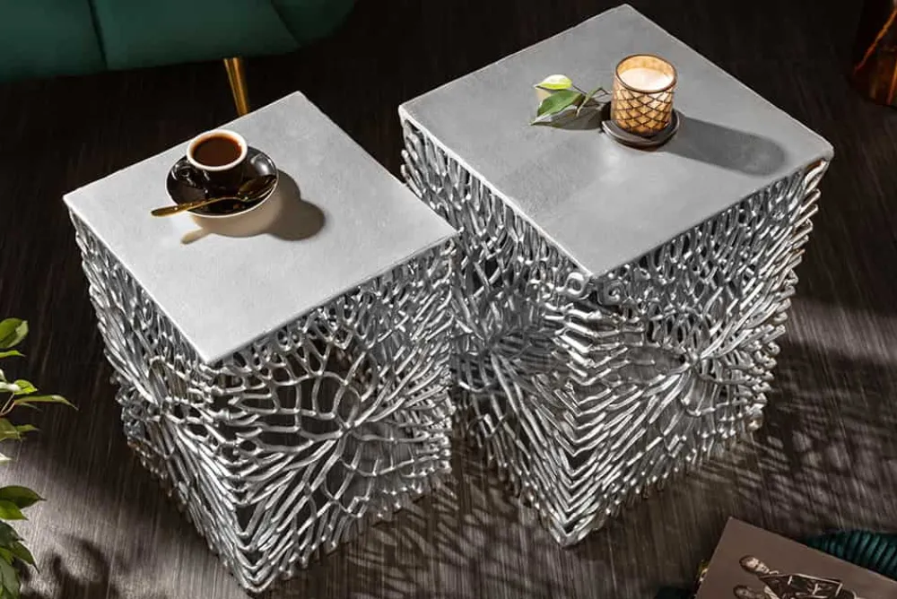 Riess-Ambiente Beistelltische > Filigranes Beistelltisch 2er Set ABSTRACT LEAF 45cm silber Handarbeit